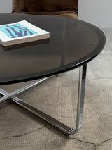 BROWN SUEDE & CANVAS LOUNGE CHAIRS IN CHROMED STEEL FRAME & COFFEE TABLE, 1960s