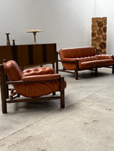 SEATING GROUP - ARMCHAIR & 2 SOFAS LEATHER, OAK WOOD, BRAZIL 1970s