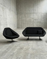 EXTRAORDINARY SEATING GROUP 2x SWIVEL CHAIR & 2-SEATER SOFA BLACK WOVEN FABRIC, 1960s