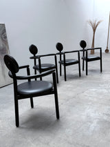 4 VICO MAGISTRETTI „PAN“ CHAIRS FOR ROSENTHAL ASH WOOD & BLACK LEATHER, 1980s