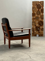 WILHELM KNOLL TEAK WOOD LEATHER BLACK ARMCHAIRS & 2-SEATER SOFA, GERMANY 1960s