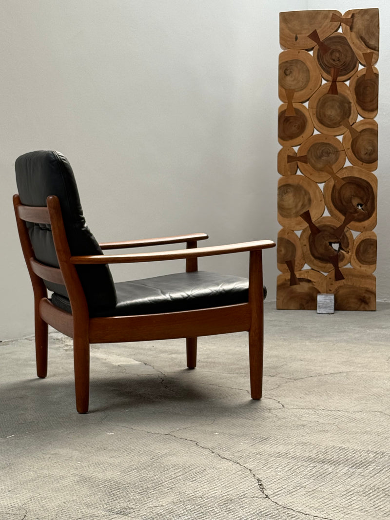 WILHELM KNOLL TEAK WOOD LEATHER BLACK ARMCHAIRS & 2-SEATER SOFA, GERMANY 1960s