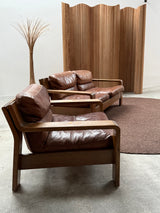 ROLF BENZ ARMCHAIR & SOFA SET OAK BROWN SADDLE LEATHER, GERMANY 1970s