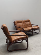 IKEA „BADEN“ BAMBOO LEATHER SEATING ENSEMBLE 2 ARMCHAIRS & SOFA, SWEDEN 1970s
