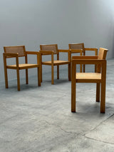 DERK JAN DE VRIES FOR MAISA DE SEVESO DINING TABLE & 4 CHAIRS SET ASH WOOD RATTAN, ITALY 1970S