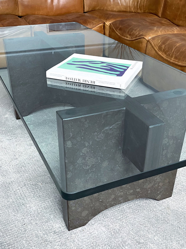 BRUTALIST COFFEE TABLE MASSIV SLATE GLASS, GERMANY 1960s