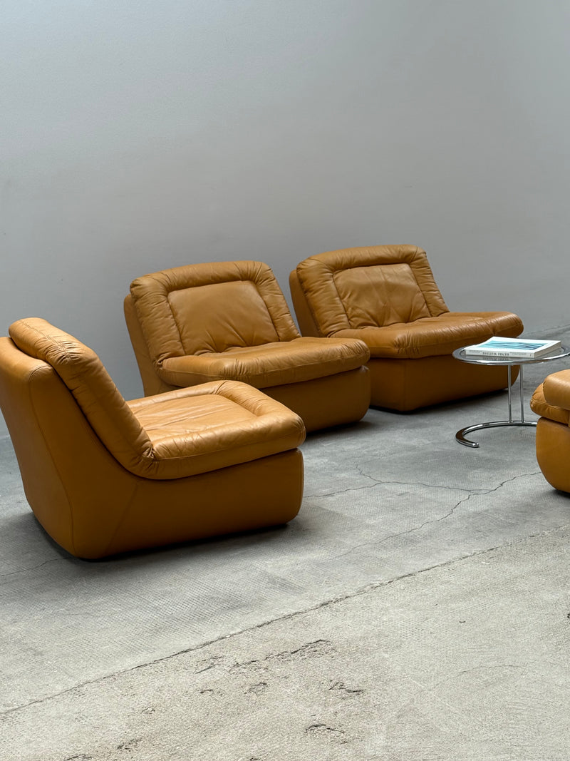 DREIPUNKT MODULAR SECTIONAL SOFA ARMCHAIRS LEATHER YELLOW, GERMANY 1970s