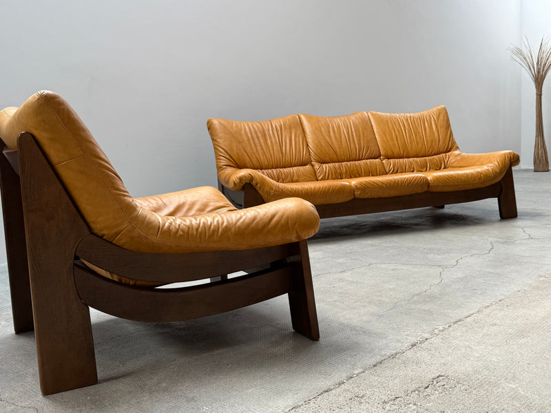 MAISON REGAIN LEATHER OAK ARMCHAIRS & SOFA, FRANCE 1970s