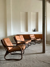 IKEA „BADEN“ BAMBOO COGNAC LEATHER SEATING GROUP 2 ARMCHAIRS, SOFA & COFFEE TABLE, SWEDEN 1970s