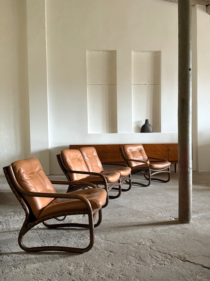IKEA „BADEN“ BAMBOO COGNAC LEATHER SEATING GROUP 2 ARMCHAIRS, SOFA & COFFEE TABLE, SWEDEN 1970s