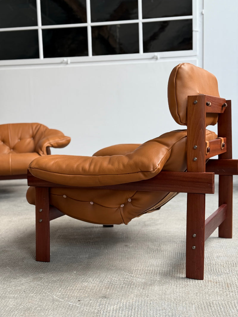 Percival Lafer MP-41 Set Sofa Sessel Ottoman Couchtisch Cognac Leder, Brasilien 1970er Jahre