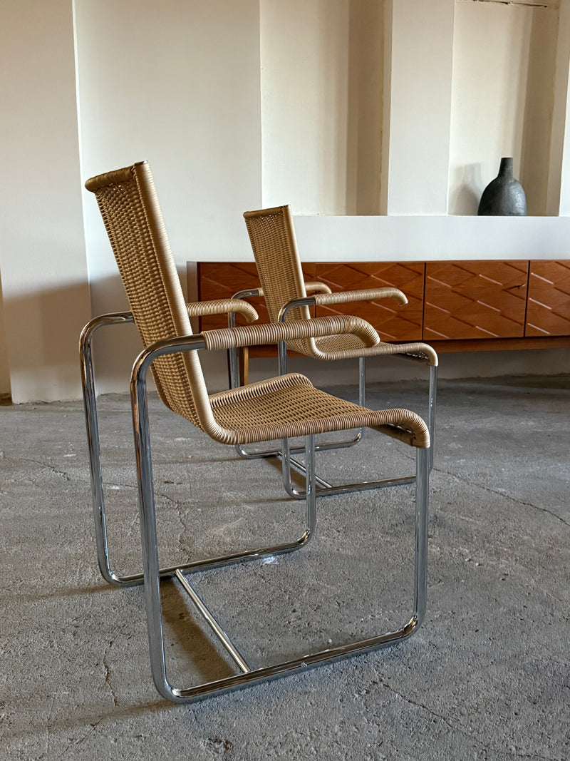 SET OF 2 TECTA D20 RATTAN TUBULAR STEEL CANTILEVER CHAIRS, GERMANY 1980s