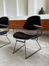 CEES BRAAKMAN & ADRIAAN DECKER FOR PASTOE „FM06“ WIRE CHAIRS TEAK ARMREST VELVET CORDUROY, NETHERLANDS 1950s