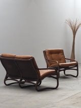 IKEA „BADEN“ BAMBOO LEATHER SEATING ENSEMBLE 2 ARMCHAIRS & SOFA, SWEDEN 1970s