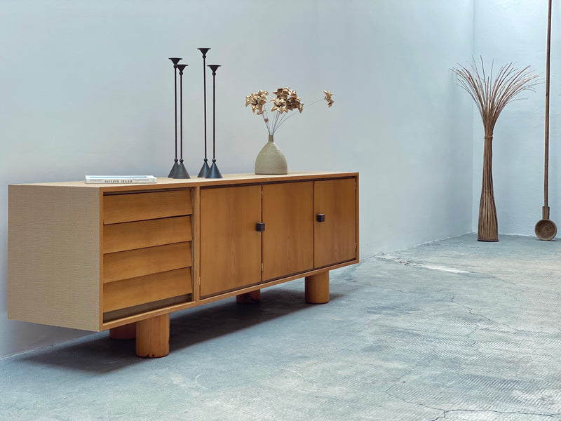 Esche Holz Makassar Sideboard 223cm mit Tatami Optik Beschichtung 1970er Jahre