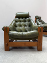 SET OF 2 GRAFTON EVEREST ARMCHAIRS OAK & GREEN LEATHER, SOUTH AFRICA 1970s