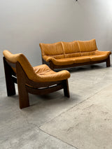 MAISON REGAIN LEATHER OAK ARMCHAIRS & SOFA, FRANCE 1970s