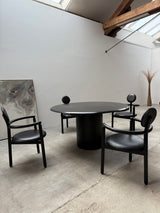 VICO MAGISTRETTI „PAN“ 4 LEATHER DINING CHAIRS & ERWIN NAGEL „QUADRONDO“ DINING TABLE ASH WOOD, 1980s