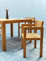 DERK JAN DE VRIES FOR MAISA DE SEVESO DINING TABLE & 4 CHAIRS SET ASH WOOD RATTAN, ITALY 1970S