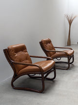 IKEA „BADEN“ BAMBOO LEATHER SEATING ENSEMBLE 2 ARMCHAIRS & SOFA, SWEDEN 1970s