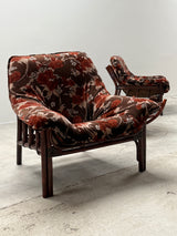 SET OF 2 BAMBOO CHAIRS WITH FLORAL PATTERN & COFFEE TABLE, ITALY 1970s