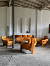 BRAZILIAN DESIGN BRUTALIST SEATING GROUP LEATHER OAK, 1970s