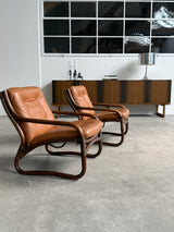 IKEA „BADEN“ BAMBOO COGNAC LEATHER SEATING GROUP 2 ARMCHAIRS, SOFA & COFFEE TABLE, SWEDEN 1970s
