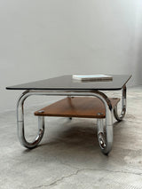 XL MIDCENTURY COFFEE TABLE CHROMED TUBULAR STEEL BROWN GLASS, 1960s
