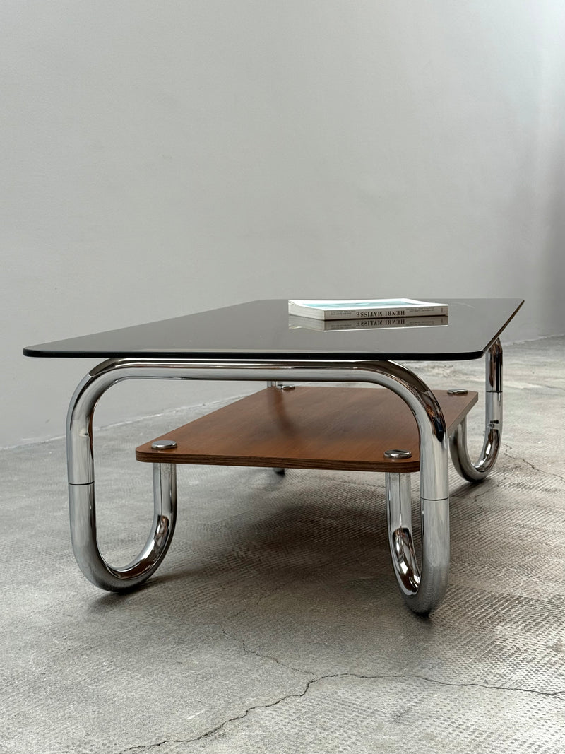 XL MIDCENTURY COFFEE TABLE CHROMED TUBULAR STEEL BROWN GLASS, 1960s