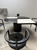 VICO MAGISTRETTI „PAN“ 4 LEATHER DINING CHAIRS & ERWIN NAGEL „QUADRONDO“ DINING TABLE ASH WOOD, 1980s