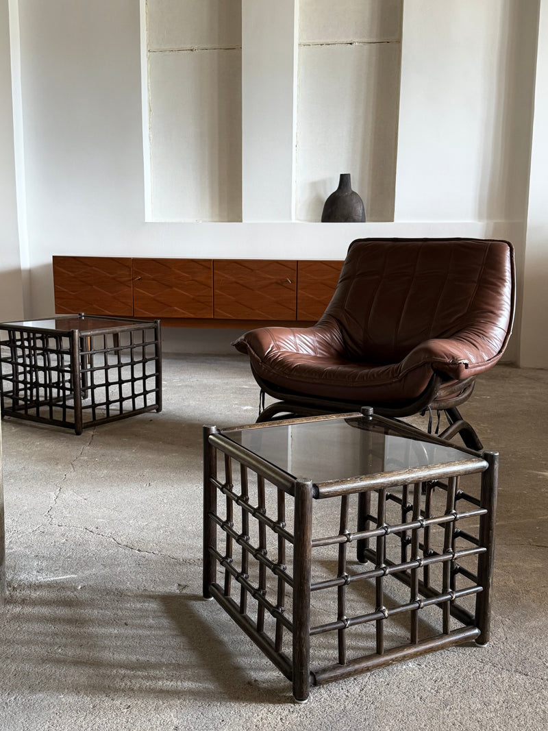 SET OF 2 BAMBOO BROWN LEATHER ARMCHAIRS & COFFEE TABLES, ITALY 1970s