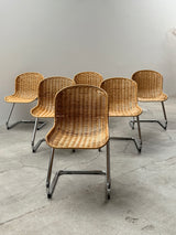 SET OF 6 GASTONE RINALDI RATTAN CANE CANTILEVER DINING CHAIRS WITH CHROMED TUBULAR STEEL FRAME, ITALY 1960s