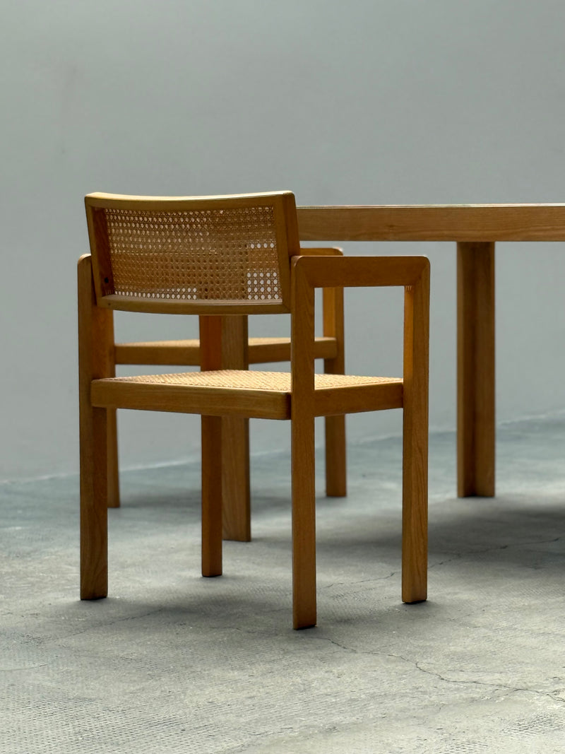 DERK JAN DE VRIES FOR MAISA DE SEVESO DINING TABLE & 4 CHAIRS SET ASH WOOD RATTAN, ITALY 1970S