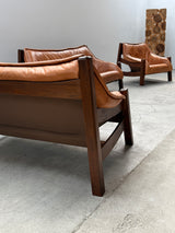 BRAZILIAN DESIGN ARMCHAIR & SOFA  OAK WOOD CAMEL LEATHER, 1970s