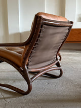 IKEA „BADEN“ BAMBOO COGNAC LEATHER SEATING GROUP 2 ARMCHAIRS, SOFA & COFFEE TABLE, SWEDEN 1970s