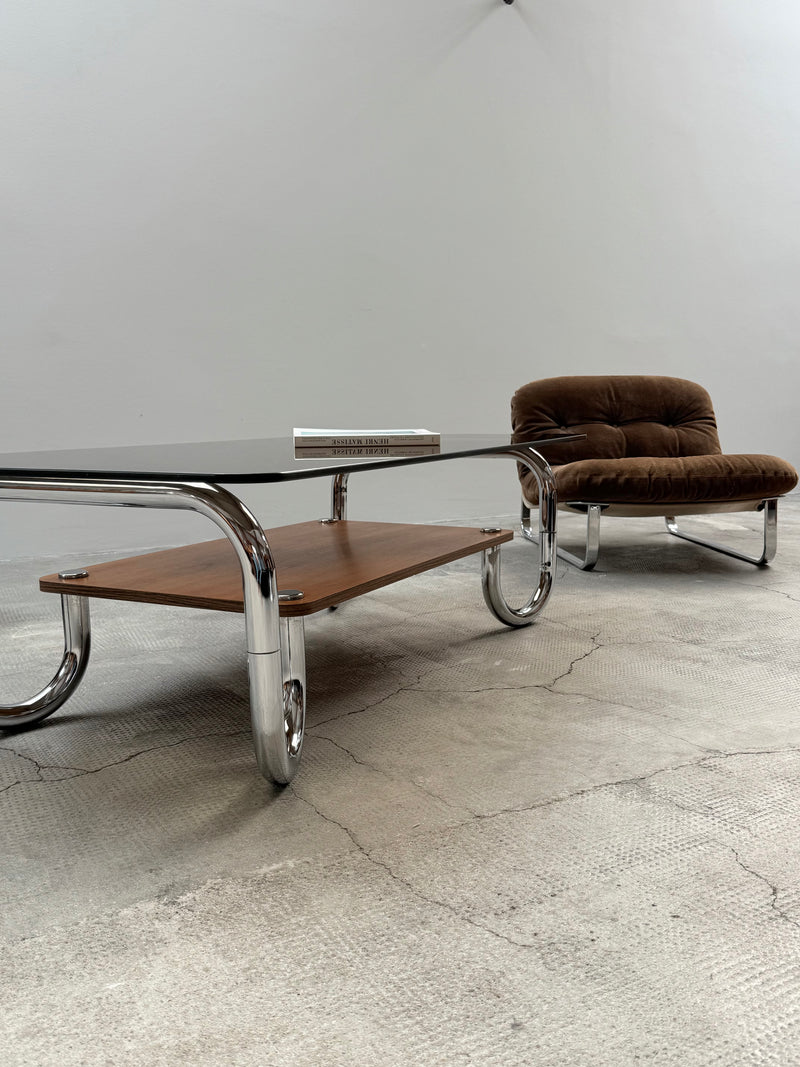 XL MIDCENTURY COFFEE TABLE CHROMED TUBULAR STEEL BROWN GLASS, 1960s