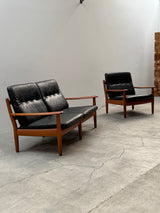 WILHELM KNOLL TEAK WOOD LEATHER BLACK ARMCHAIRS & 2-SEATER SOFA, GERMANY 1960s