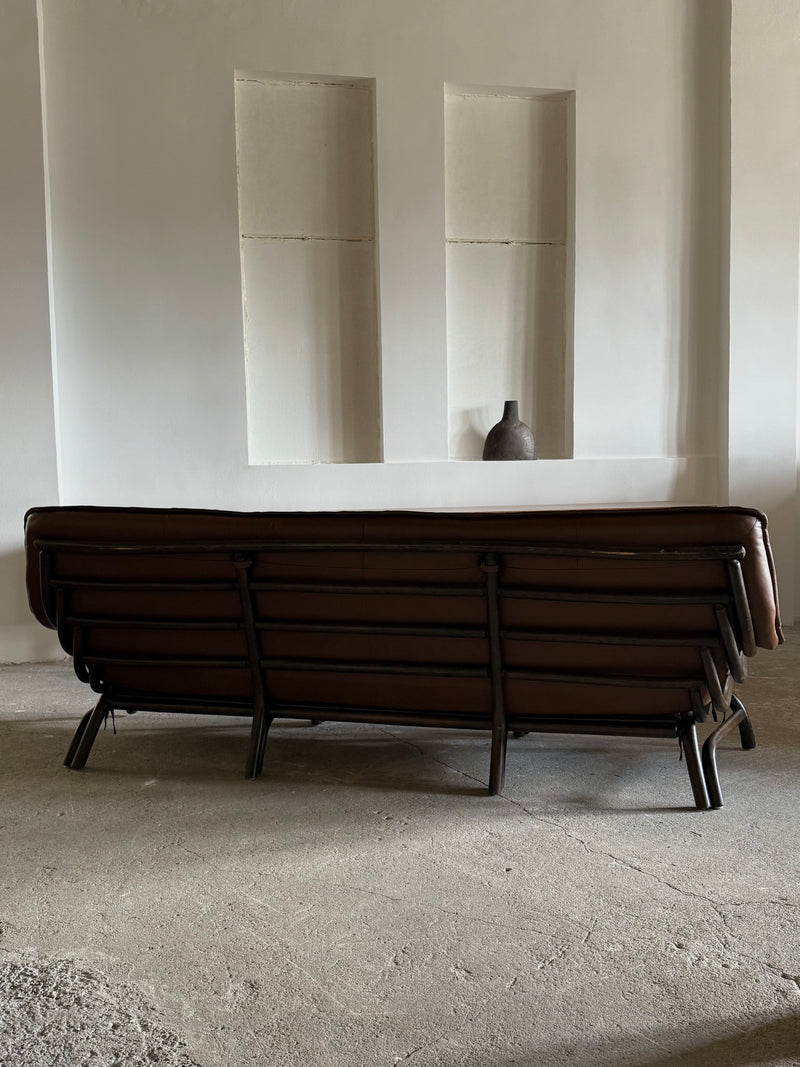 LARGE BAMBOO SOFA BROWN LEATHER 250cm, ITALY 1970s