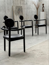 4 VICO MAGISTRETTI „PAN“ CHAIRS FOR ROSENTHAL ASH WOOD & BLACK LEATHER, 1980s