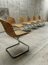 SET OF 6 RATTAN CANE CANTILEVER CHAIRS WITH CHROMED TUBULAR STEEL FRAME, ITALY 1970s
