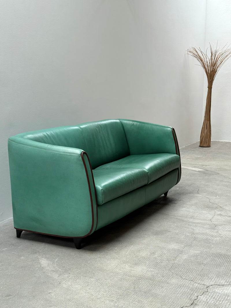 DE SEDE GREEN LEATHER ART DECO ROCKABILLY SOFA, SWITZERLAND 1970s