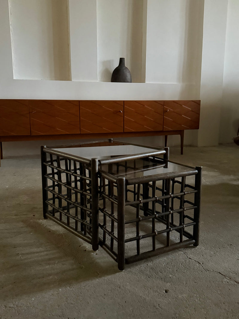 SET OF 2 BAMBOO BROWN LEATHER ARMCHAIRS & COFFEE TABLES, ITALY 1970s