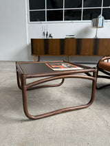 IKEA „BADEN“ BAMBOO COGNAC LEATHER SEATING GROUP 2 ARMCHAIRS, SOFA & COFFEE TABLE, SWEDEN 1970s