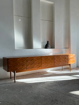 LARGE 3D ‚DIAMONDS‘ SIDEBOARD TEAK WOOD ANTHROPOSOPHIC LEGS 280cm, GERMANY 1960s