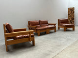 MODULAR ARMCHAIR SOFA SET SOLID PINE COGNAC LEATHER, SCANDINAVIA 1970s