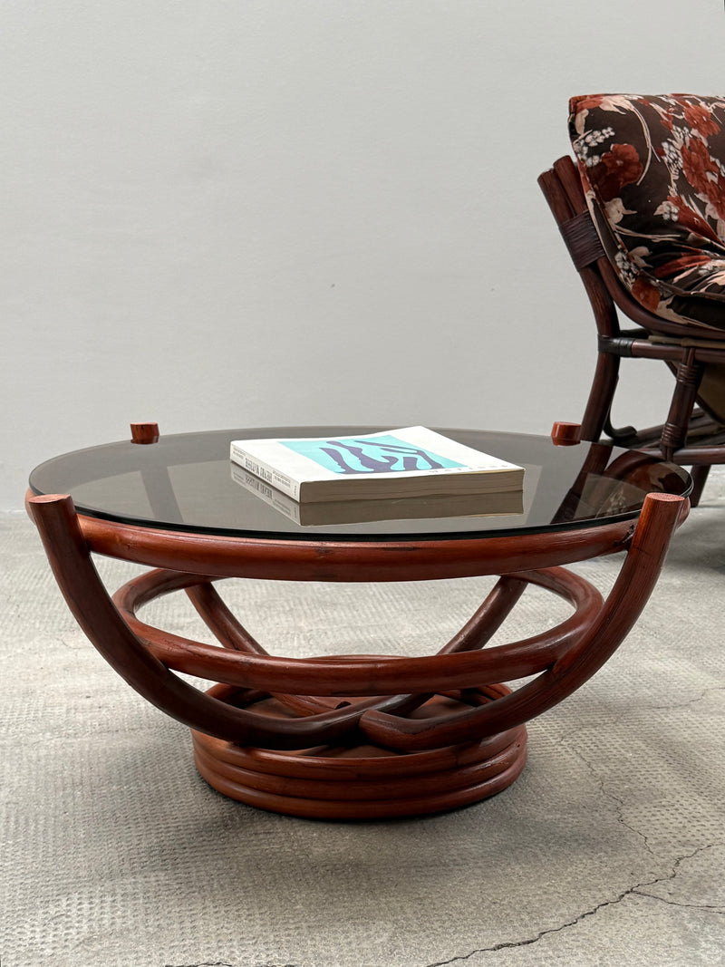SET OF 2 BAMBOO CHAIRS WITH FLORAL PATTERN & COFFEE TABLE, ITALY 1970s