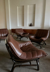 SET OF 2 BAMBOO BROWN LEATHER ARMCHAIRS & COFFEE TABLES, ITALY 1970s