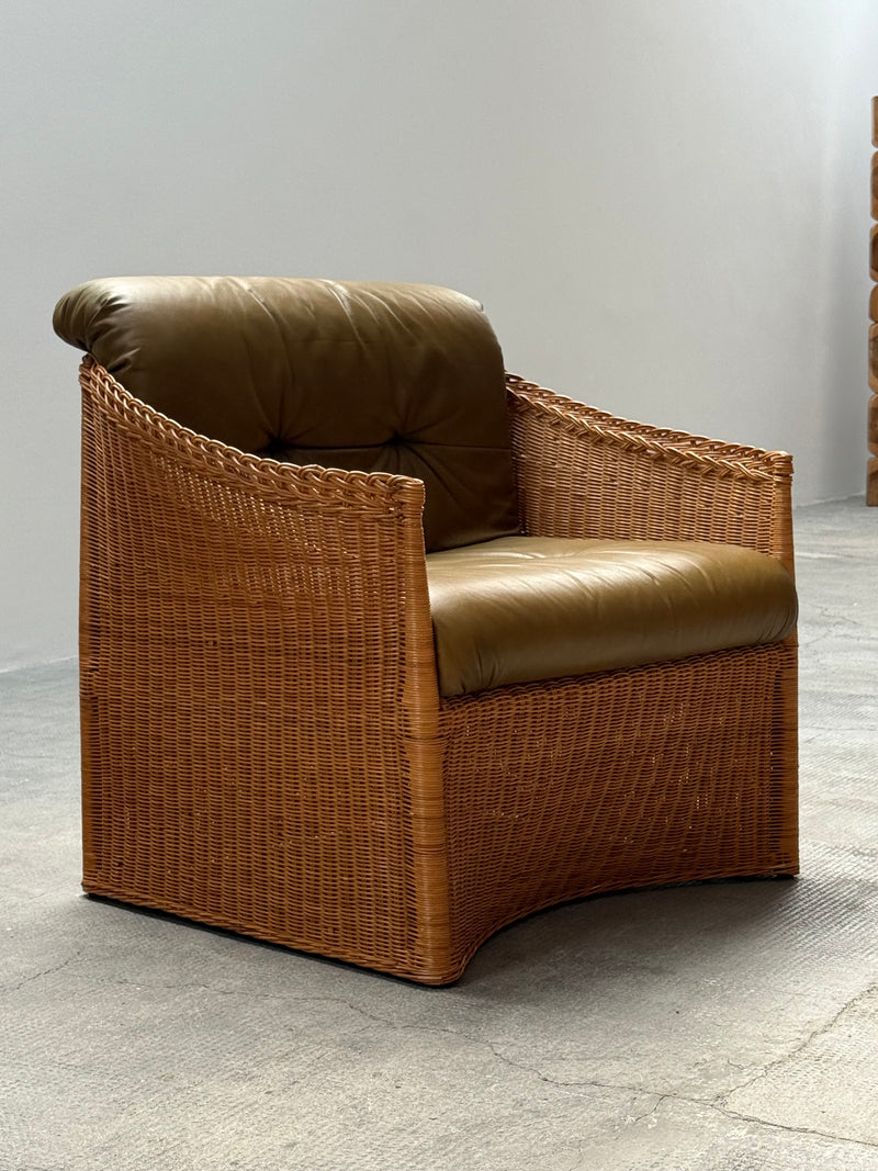 SET OF 2 RATTAN ARMCHAIRS WITH GREEN LEATHER CUSHIONS, FRANCE 1960s