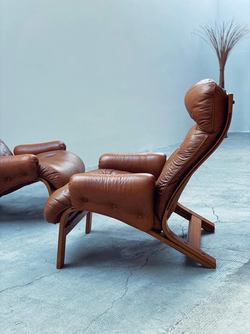 Elsa & Nordahl Solheim für Rykken & Co. Modular Sessel Sofa Sitzgruppe Teakholz Cognac Leder, Norwegen 1970er Jahre