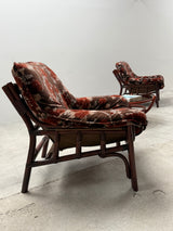 SET OF 2 BAMBOO CHAIRS WITH FLORAL PATTERN & COFFEE TABLE, ITALY 1970s
